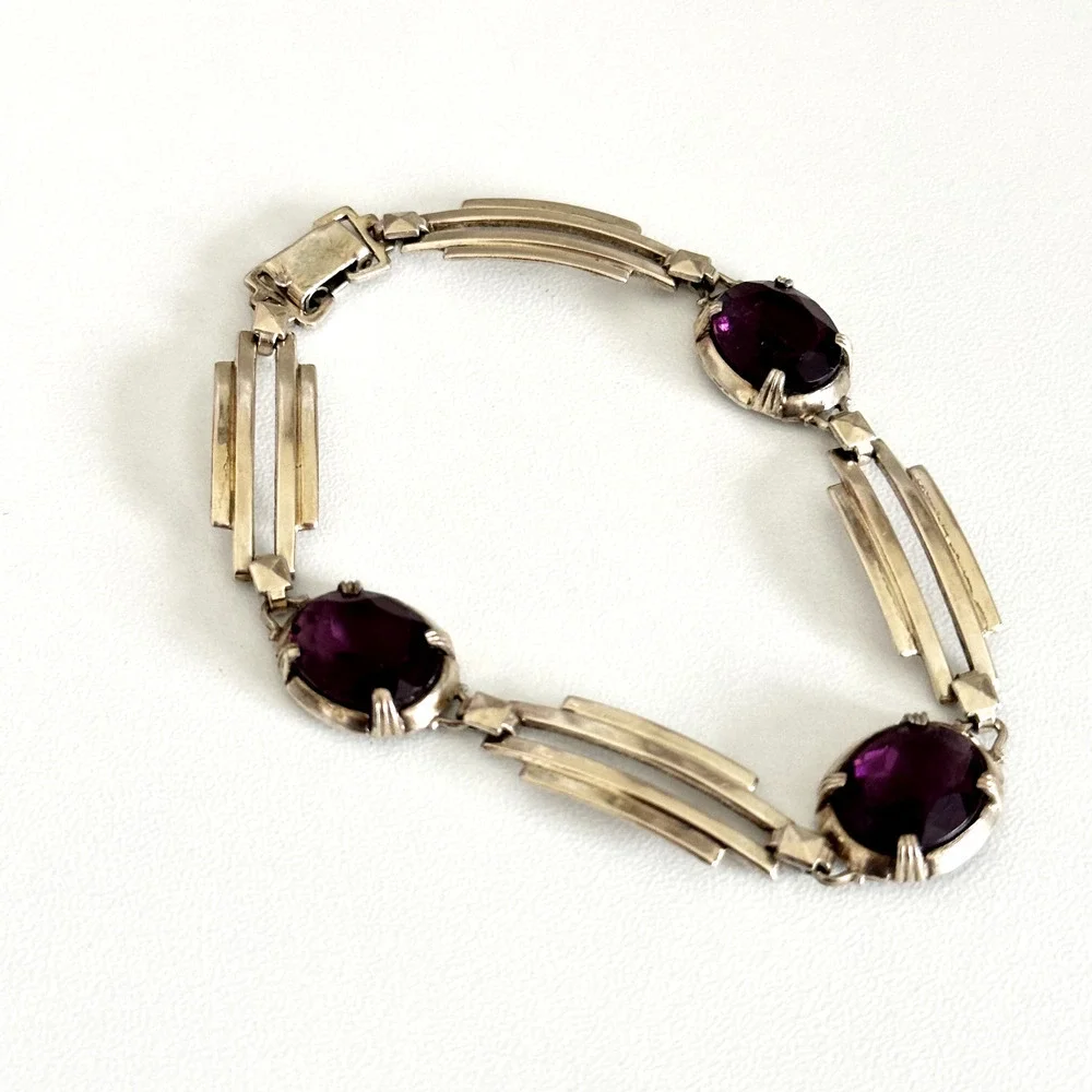 Symmetalic 925 Sterling Silver & 14K Gold Two Tone Purple Faceted Glass Bracelet